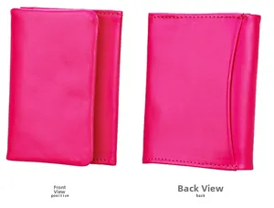 Detailed front and back views of a genuine leather RFID wallet in vibrant magenta pink