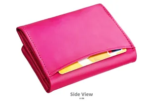 Detail view of the rose purple leather wallet showing precise stitching and side card slot