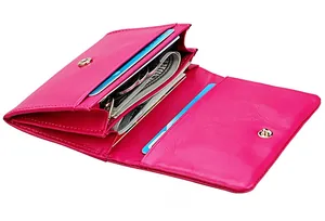 Detailed internal view of magenta RFID leather wallet with organ folding card slots