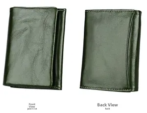 Detail view of dark green leather wallet with pebbled texture and functional card slots