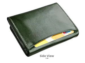 Detail view of deep green leather RFID card holder with glossy oil finish and side slot