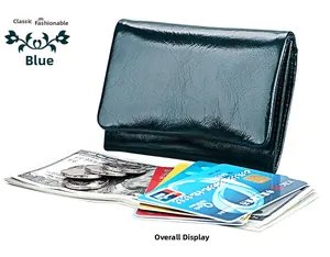 Detailed view of dark blue genuine leather RFID wallet showing interior card slots and cash
