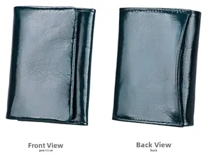 Front and back view of a dark green RFID genuine leather oil wax wallet and card holder