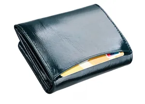 Side view of dark green leather RFID wallet showing card slot and edge stitching