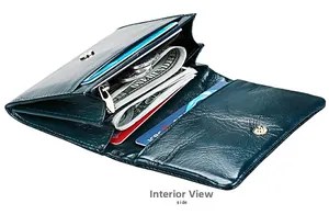 Interior view of deep green leather RFID wallet with card slots and a zipper pocket