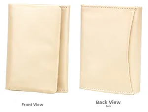 Front and back view of a beige leather RFID wallet showing fine stitching and side pocket