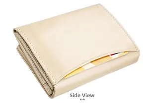 Side view of cream beige leather tri-fold wallet with card slot and fine stitching details
