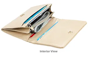 Internal view of the cream leather RFID wallet with card slots and a zipper pocket