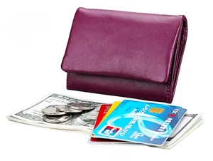 Macro detail of purple genuine leather wallet showing RFID card slots and cash capacity