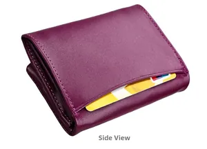 Side view of purple leather tri-fold wallet showing external card slot and layered texture