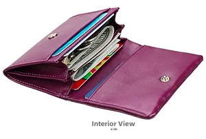 Detailed interior of magenta leather RFID wallet showing card slots and coin pocket
