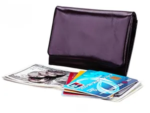 Detail view of deep purple RFID leather wallet showing card slots and money compartments