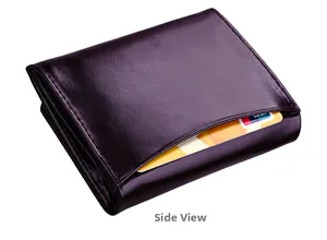Detail view of genuine leather RFID wallet showing a credit card inserted into the side slot