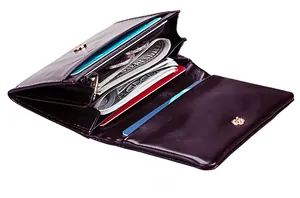 Detail view showing multi-slot interior of purple genuine leather RFID wallet with card slots
