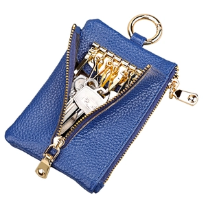 Deep blue lychee pattern leather key pouch with double zipper and gold hardware