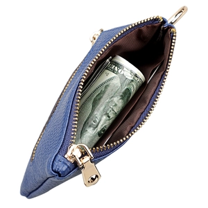 Deep blue lychee grain leather mini coin purse with gold zipper and metal hook