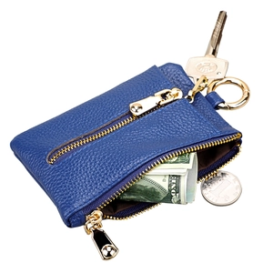 Dark blue litchi pattern leather double zipper key pouch and coin wallet with gold hook