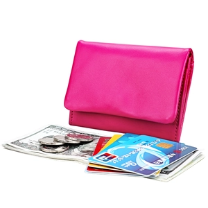 Magenta leather RFID tri-fold wallet for women with card slots and coin pocket