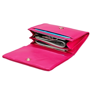 Rose red genuine leather RFID wallet for women with multiple card slots and gold snap button