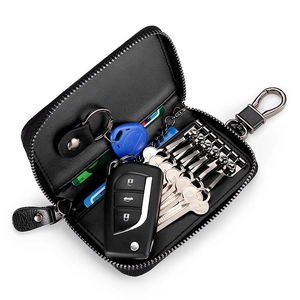 Estuche para llaves de coche en cuero negro de gran capacidad con cierre de cremallera