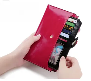 Detail view of large capacity RFID leather wallet with multiple card slots and secure clasp