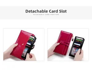 Detail of RFID genuine leather long wallet showing detachable card holder and credit card slots