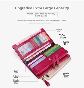 Rose red long wallet internal structure showing 13 card slots and phone pocket