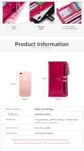 Detail of rose red leather wallet with 19 card slots and phone pocket for organization