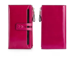 Detail view showing front and back of rose red RFID leather long wallet with card slots