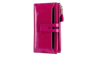 Side view of luxury rose red leather wallet with secure zipper and dual snap button closure