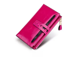 Detail view of pink leather long wallet with RFID protection and multiple card slots