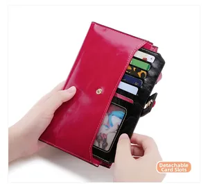 Detail showing detachable card slots and photo window in rose red leather wallet
