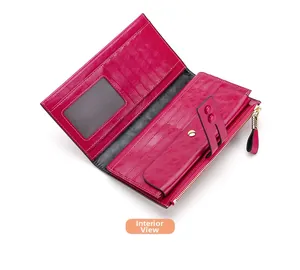 Interior view of rose pink leather long wallet showing multi-card slots and zipper pocket
