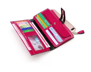 Macro view of RFID long leather wallet with multi-card slots and secure phone compartment