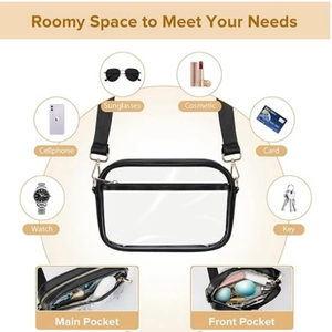 Clear shoulder bag with black trim featuring adjustable strap and storage compartments
