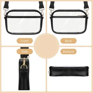 Clear crossbody stadium bag with black faux leather trim and adjustable strap shown from 4 angles