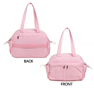 Pink travel bag with laptop compartment showing front and back views on white background