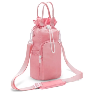 Detailed pink nylon water bottle bag with drawstring closure and adjustable strap