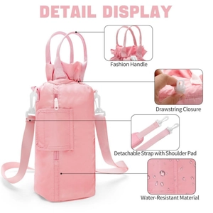 Pink waterproof water bottle bag with crossbody strap, drawstring and phone pocket