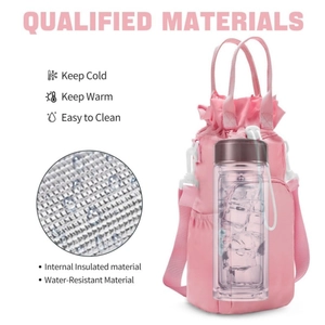 Pink insulated water bottle bag with strap and silver thermal lining for outdoor travel