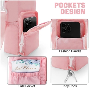 Pink portable insulated water bottle bag with adjustable strap and multiple storage pockets