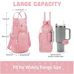 Pink portable insulated water bottle carrier bag with shoulder strap for 40oz tumblers