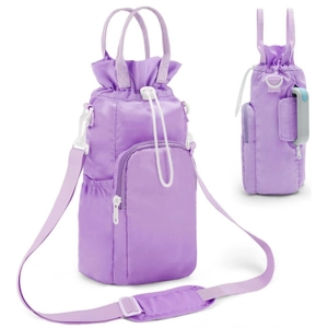 Detail of purple nylon insulated water bottle bag with shoulder strap and phone pocket