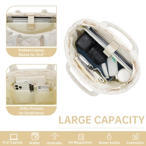 Quilted off-white tote bag with large capacity and 15.6 inch laptop compartment