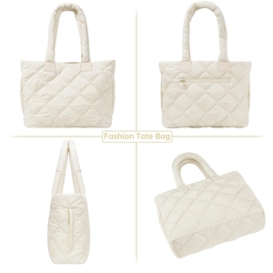Quilted cream tote bag for women showing front and back views with zip pocket