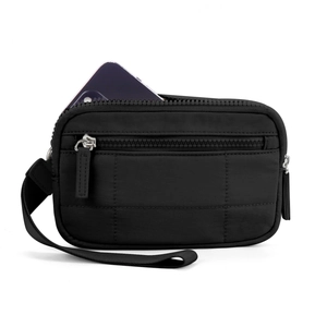 Mini borsa trapuntata in nylon nero con doppia zip e scomparto per lo smartphone