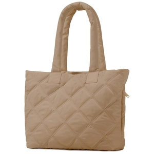 Detail shot of beige quilted puffer tote bag with glossy nylon fabric and zip closure