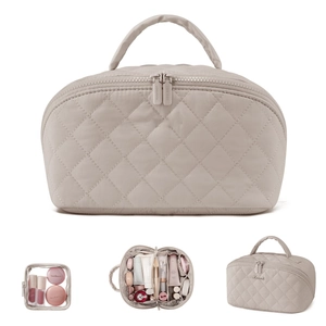 Trousse à maquillage beige en similicuir matelassé avec grande capacité et rangement