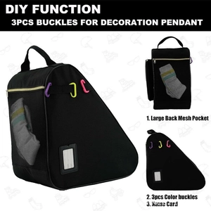 Detail of inline skate bag featuring name card slot and side mesh pocket for accessories