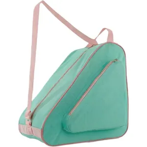 Portable triangular roller skate bag in mint green with pink straps and handle